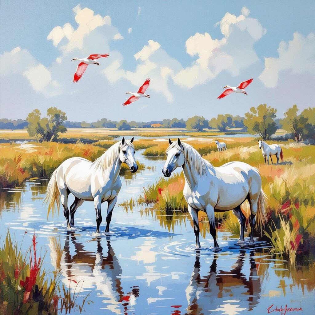 Camargue Horses in Marshland Painting