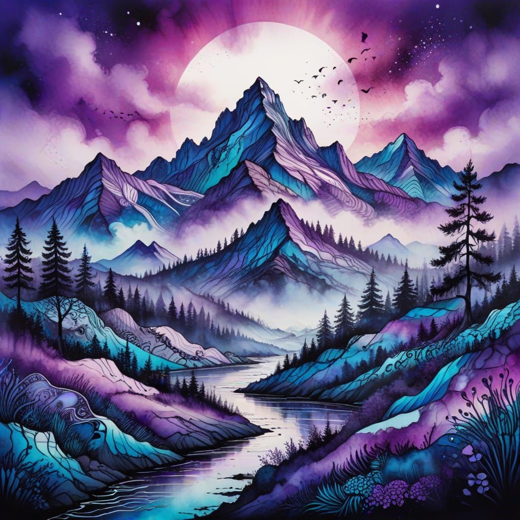 Dreamlike Zentangle Mountain Landscape in Alcohol Ink
