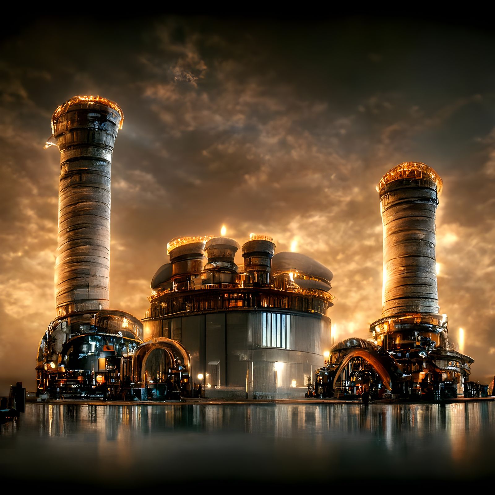 Futuristic Steampunk Power Plant with Mammoth Reactor