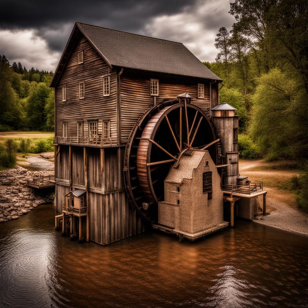 Hyperrealistic Waterwheel-Powered Grain Mill in HDR