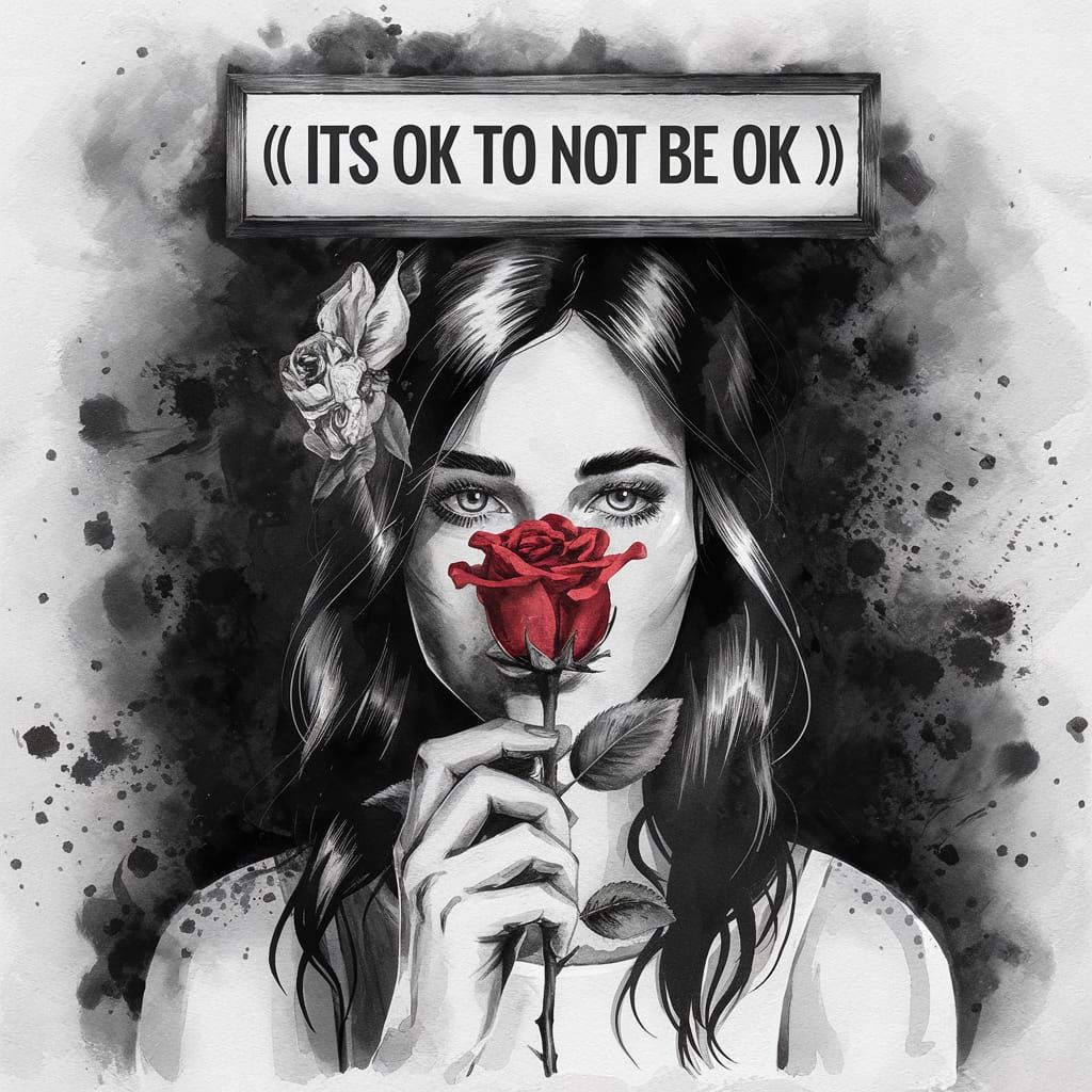 Woman with Rose in Watercolor Ink and Wash