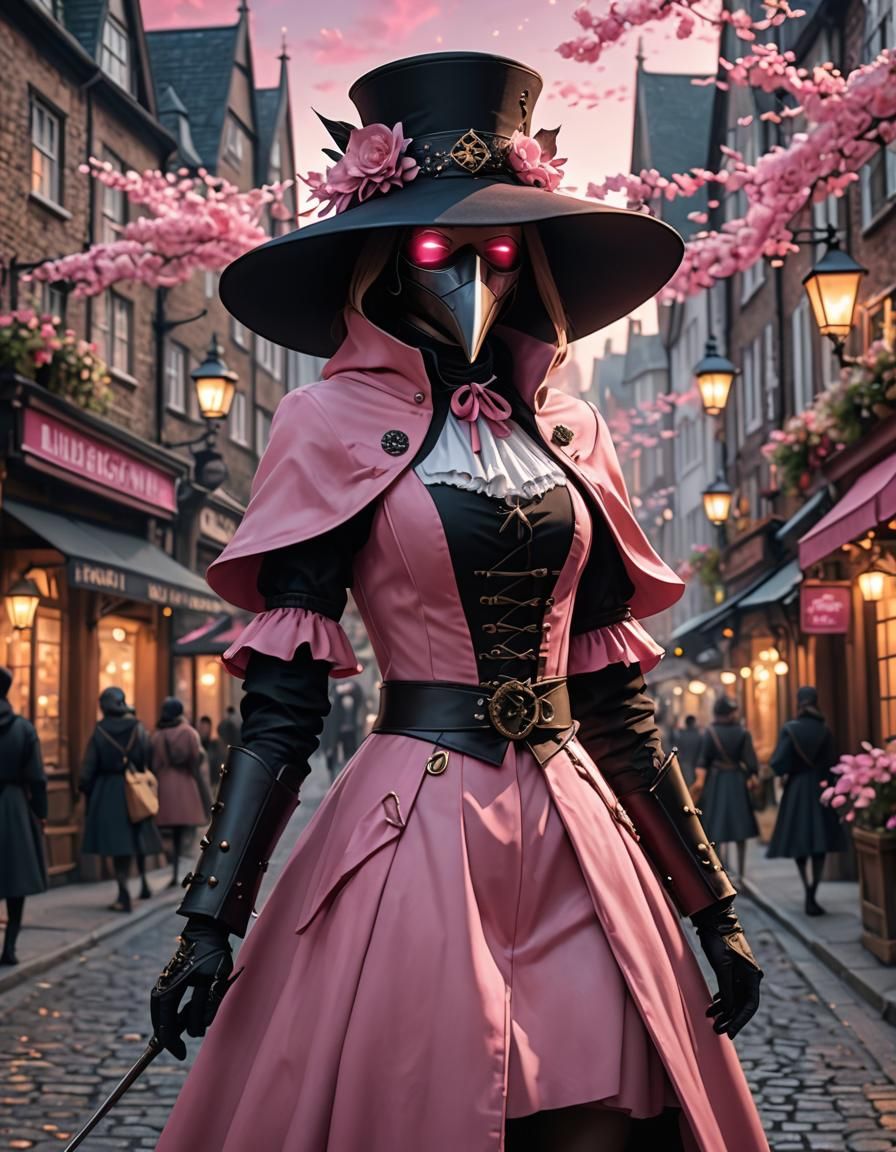 Pink Plague Doctor in Medieval London, 3D Anime Art