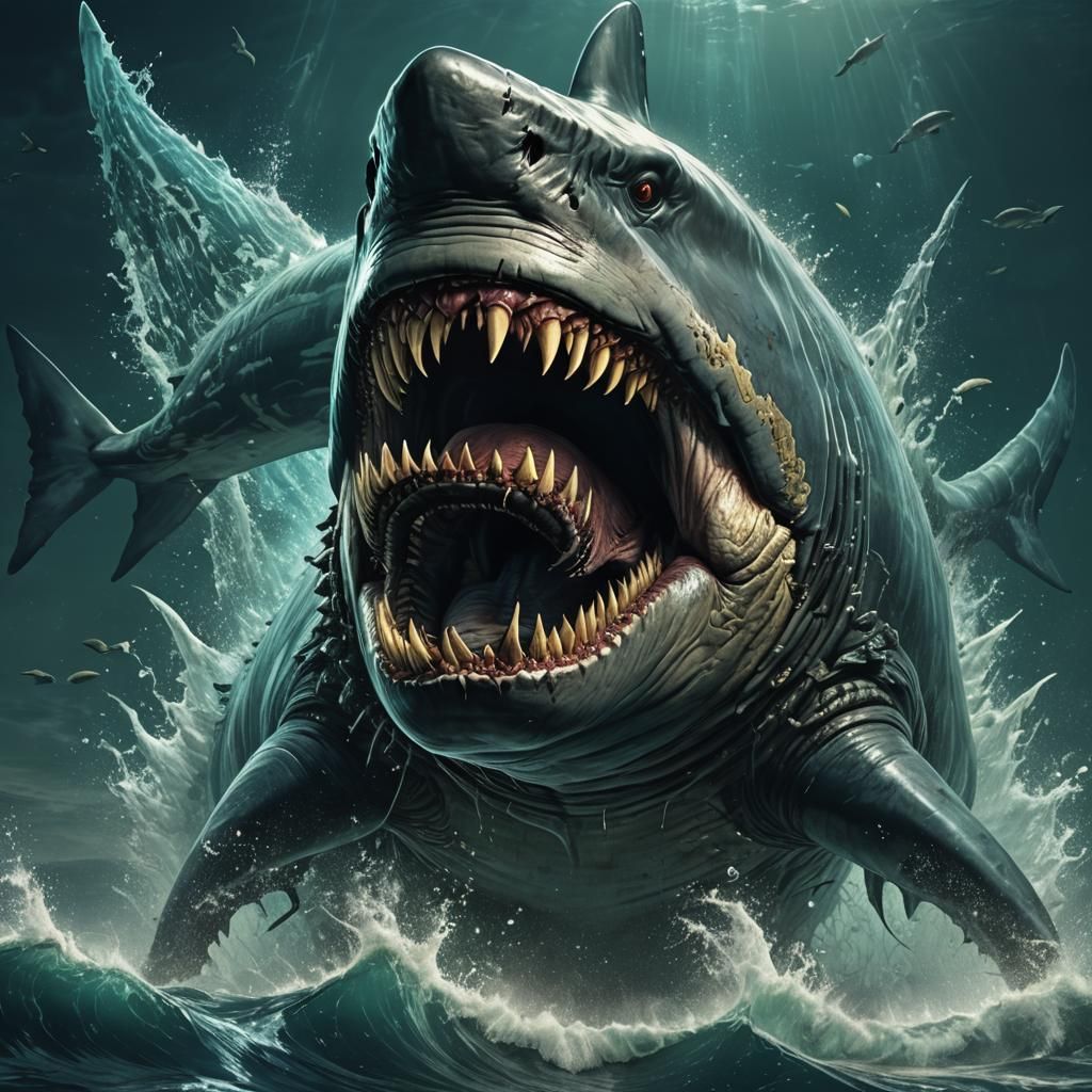 Cinematic Megalodon Portrait with Bioluminescent Highlights