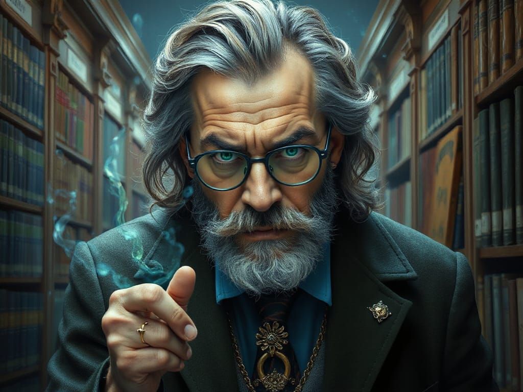 Magical Jobs: Angry Intellectual in Library Oil Painting