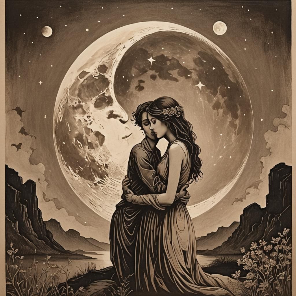 Sepia Moonlit Embrace in Ink Block Print Style