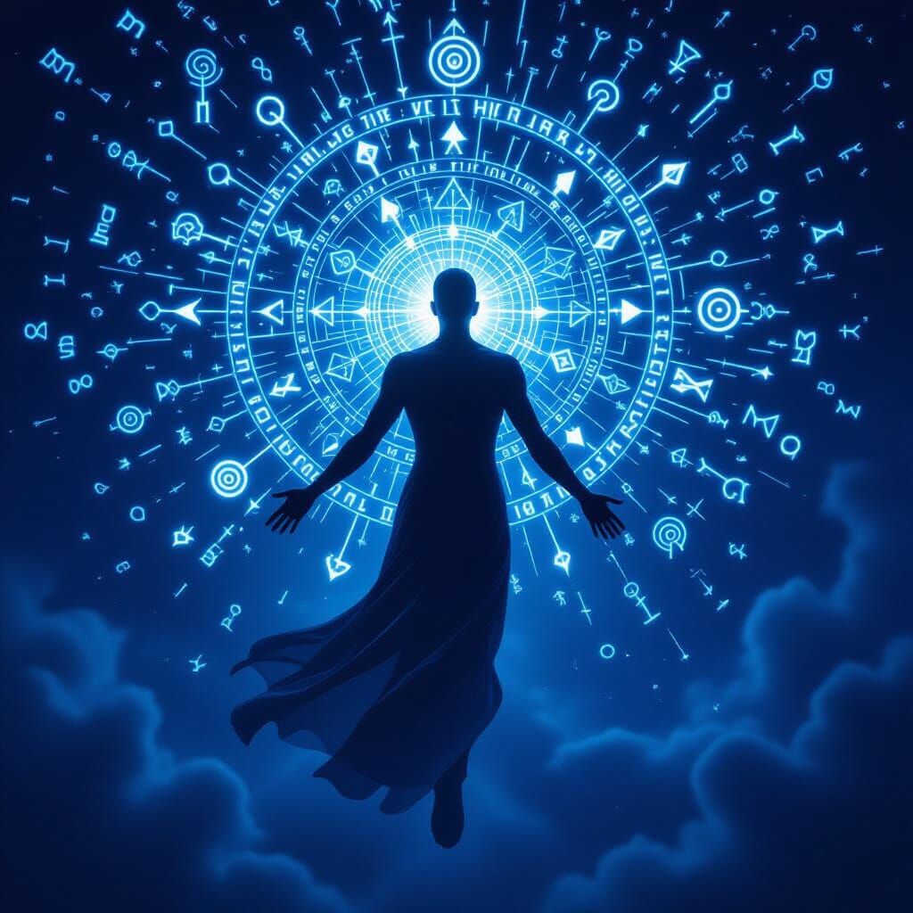 Mystical Figure Merging With Glowing Symbols