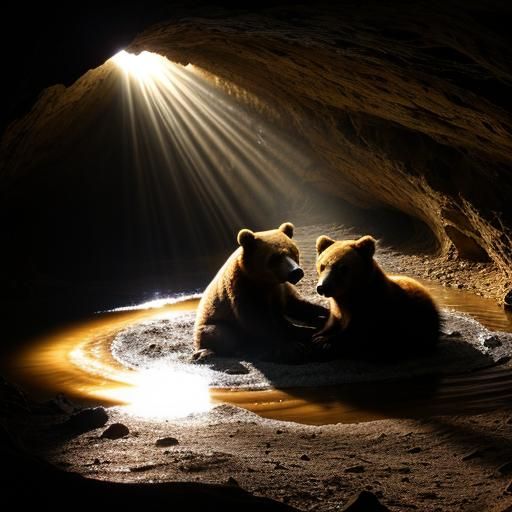Mama Bear and Cub in Sunlit Cave