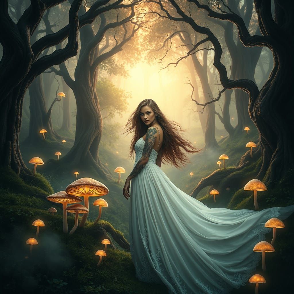 Ethereal Dream Queen in Vibrant Surrealist Forest with Glowi...