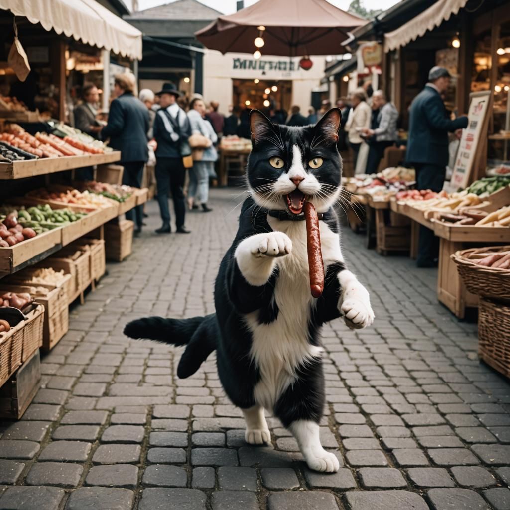 Tuxedo Cat's Sausage Run Through German Market