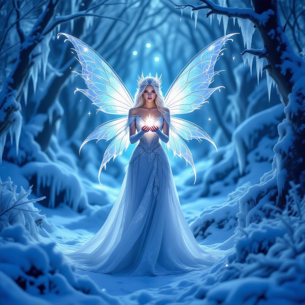 Winter Fairy Queen in Frozen Forest