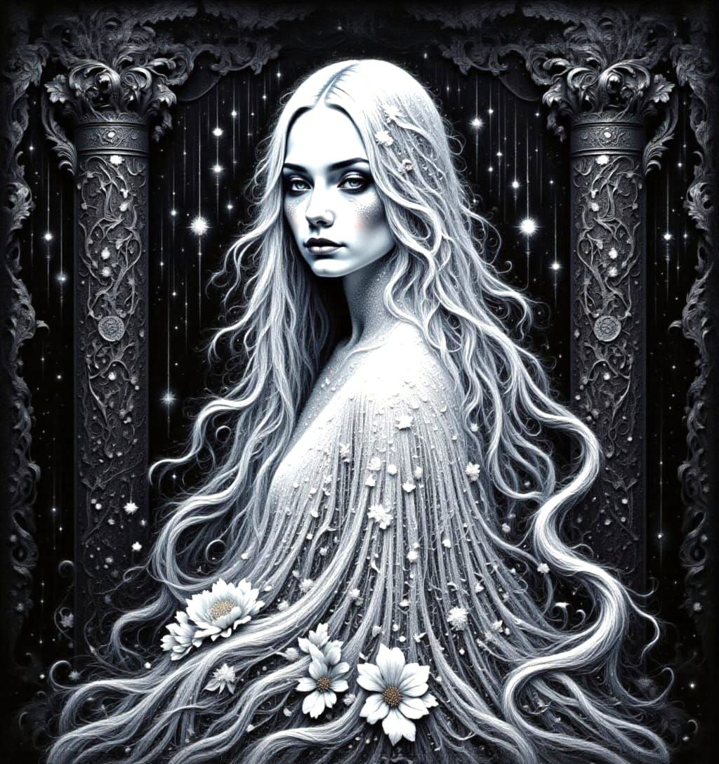 Ghostly Woman in Dark Hall Watercolor Painting