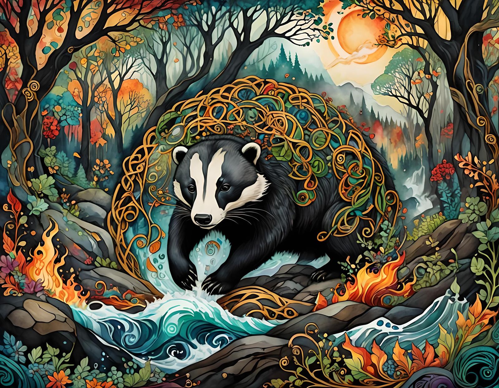 Celtic Badger in a Stormy Forest: Nouveau Vague Watercolor