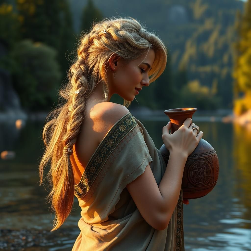 Harmonious Woman with Braid Reflects in Mountain River