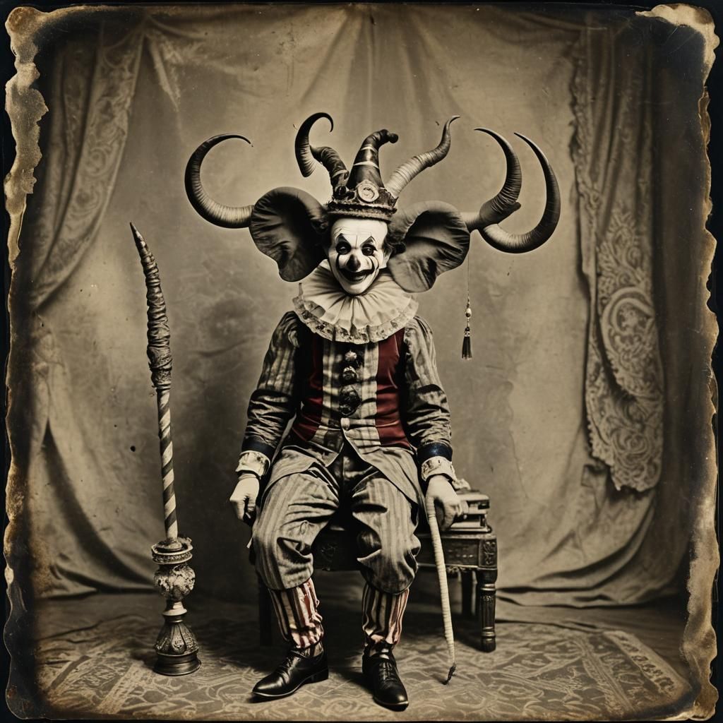 Fantasy Circus Clown Daguerreotype with Elephant Tusks
