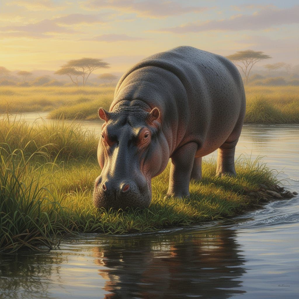 Hippopotamus Grazing by the Nile River