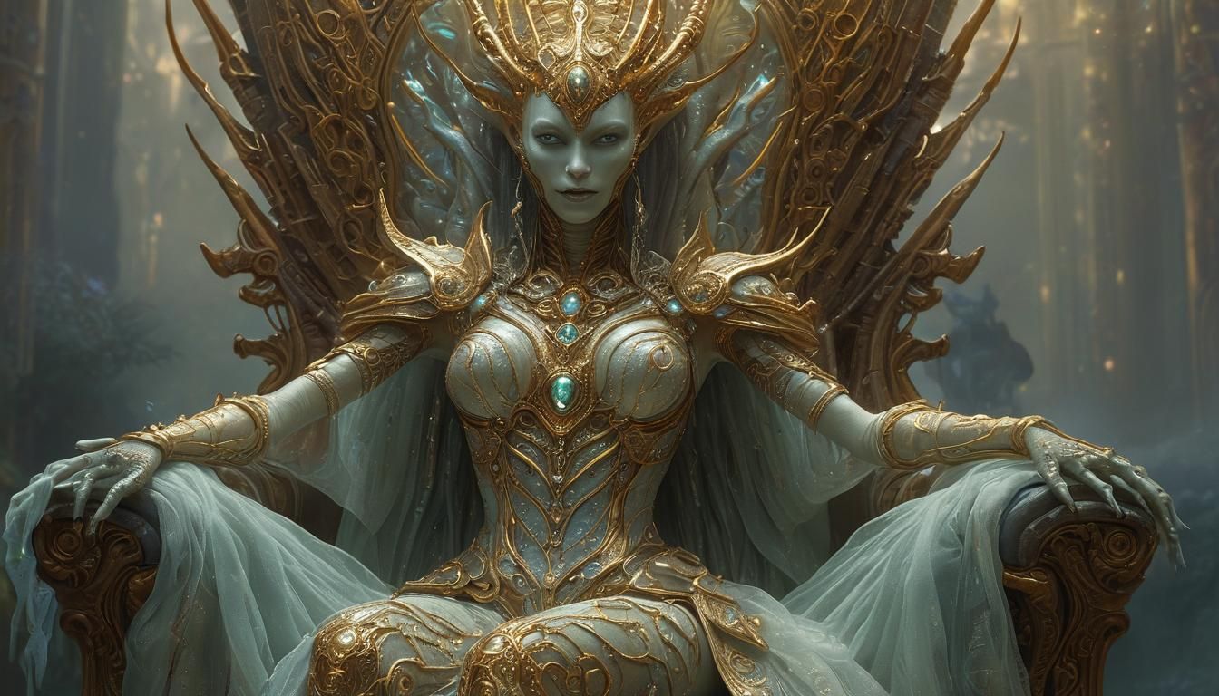 Alien Queen on Biomechanical Throne in Ethereal Style