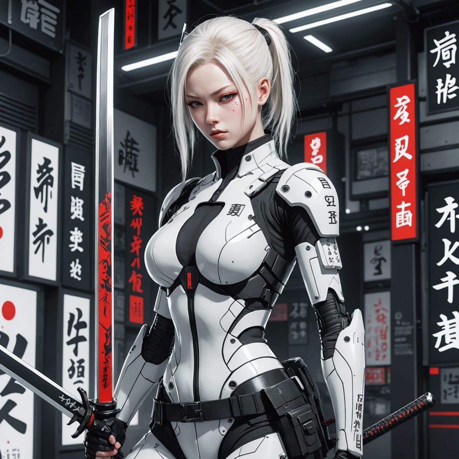Cyberpunk Manga Albino Woman with Katana