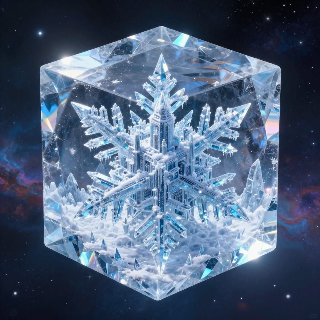 Frozen Cyberpunk City Within Ice Cube in Space