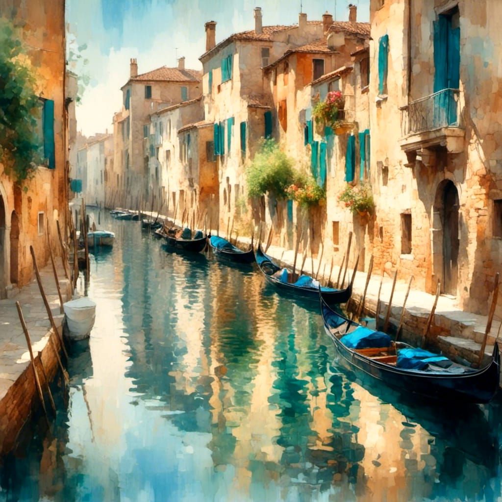 Venice Gondolas in Impressionist Watercolor Style