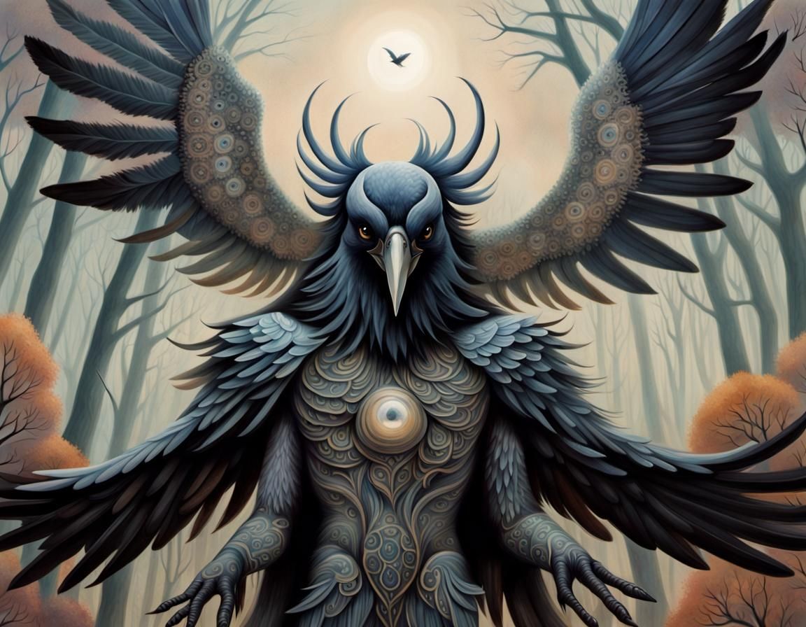 Raven Flying Above Misty Forest in Gouache Style