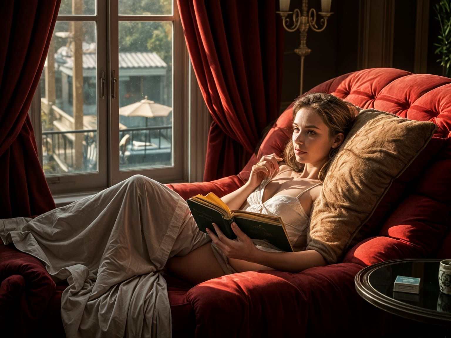 A Woman Reads in Serene Luxury