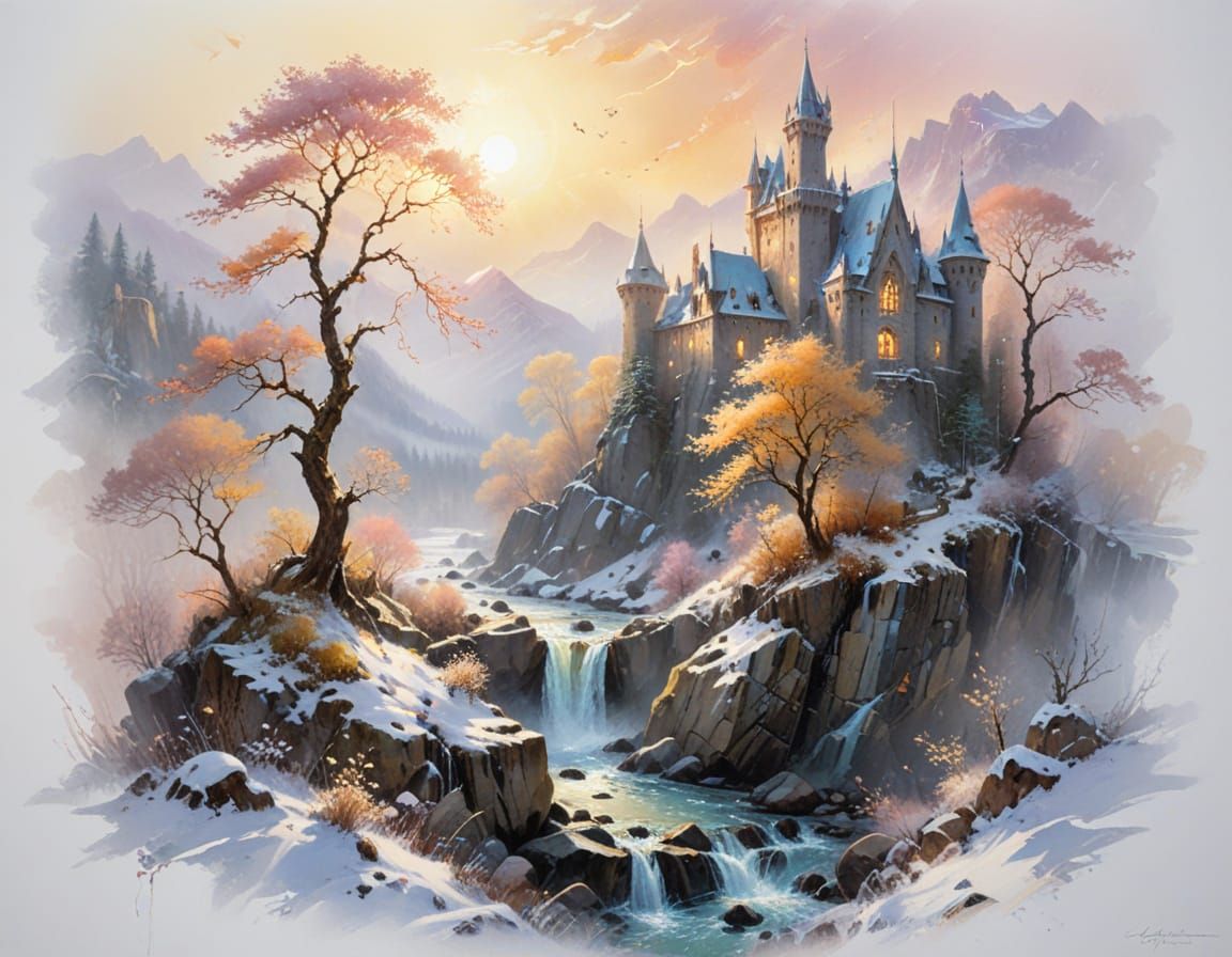 Gothic Castle by River in Pastel Winter Landscape