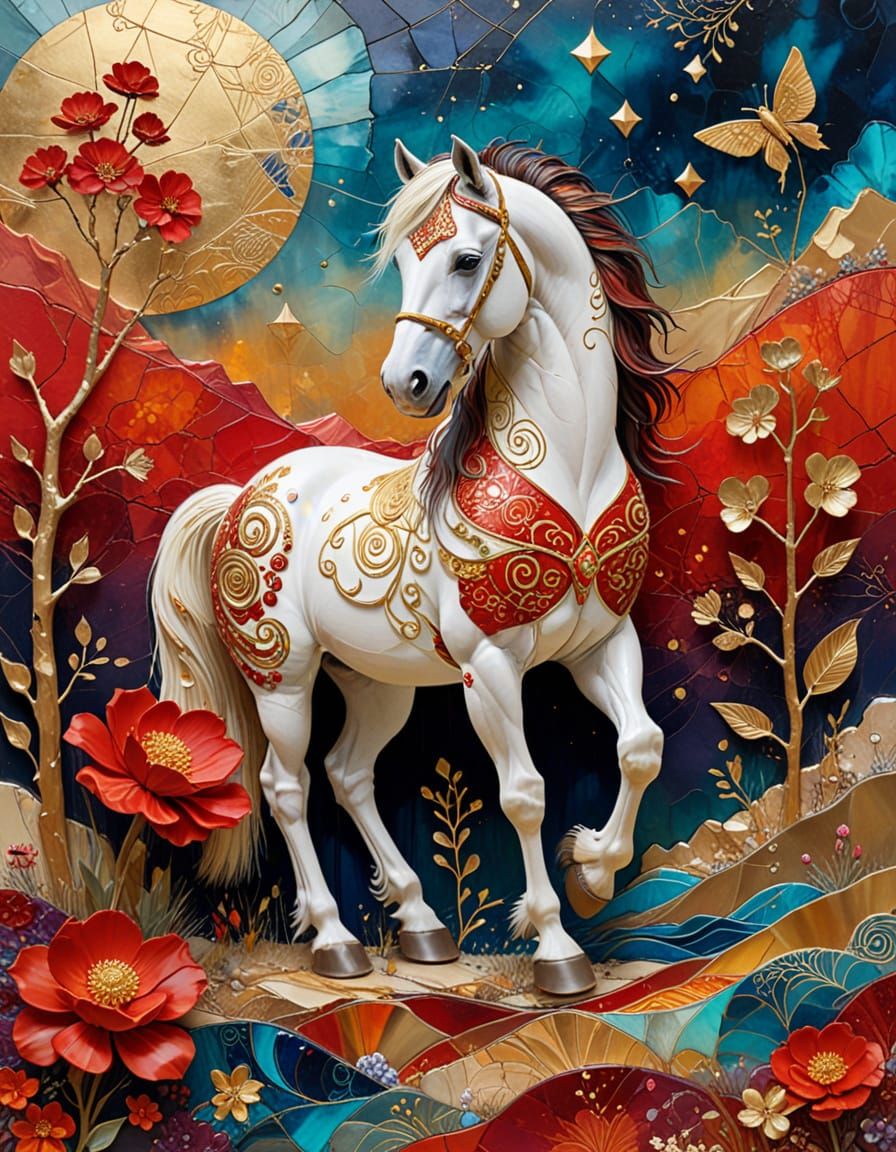 Gypsy Horse and Duckling in Surrealist Mixed Media