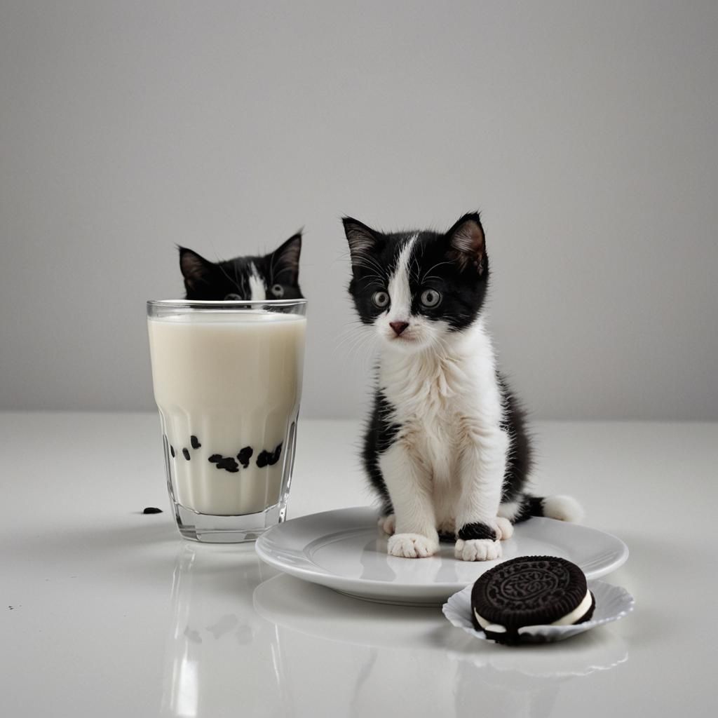 Fluffy Kitten with Oreo and Milk