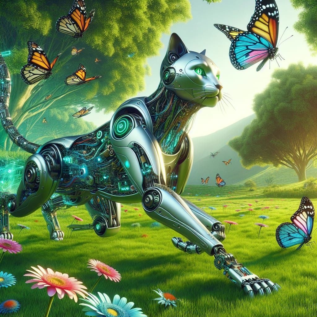 Robotic Cat Chasing Cyborg Butterflies in Green Meadow