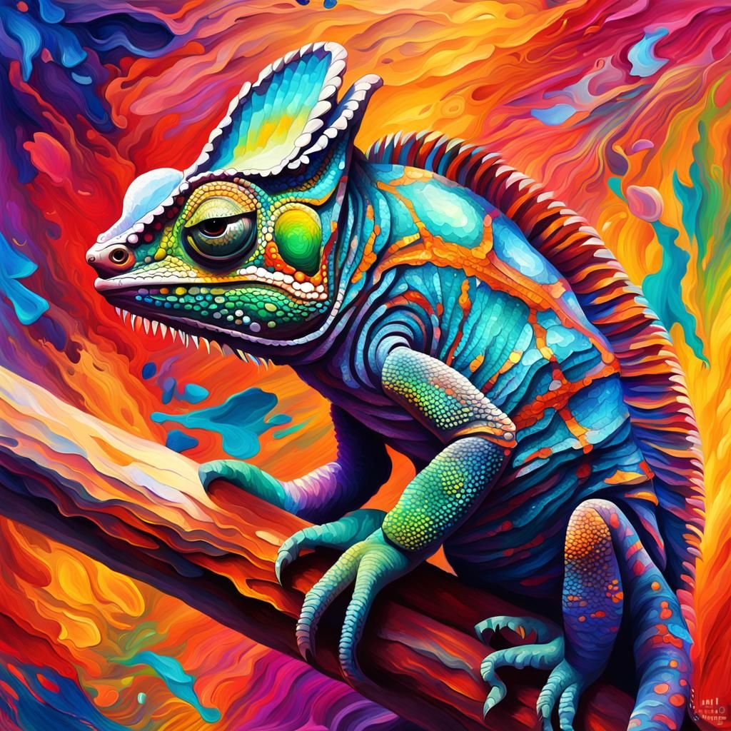 Chameleon Blending In: Modern Expressionism Close-Up