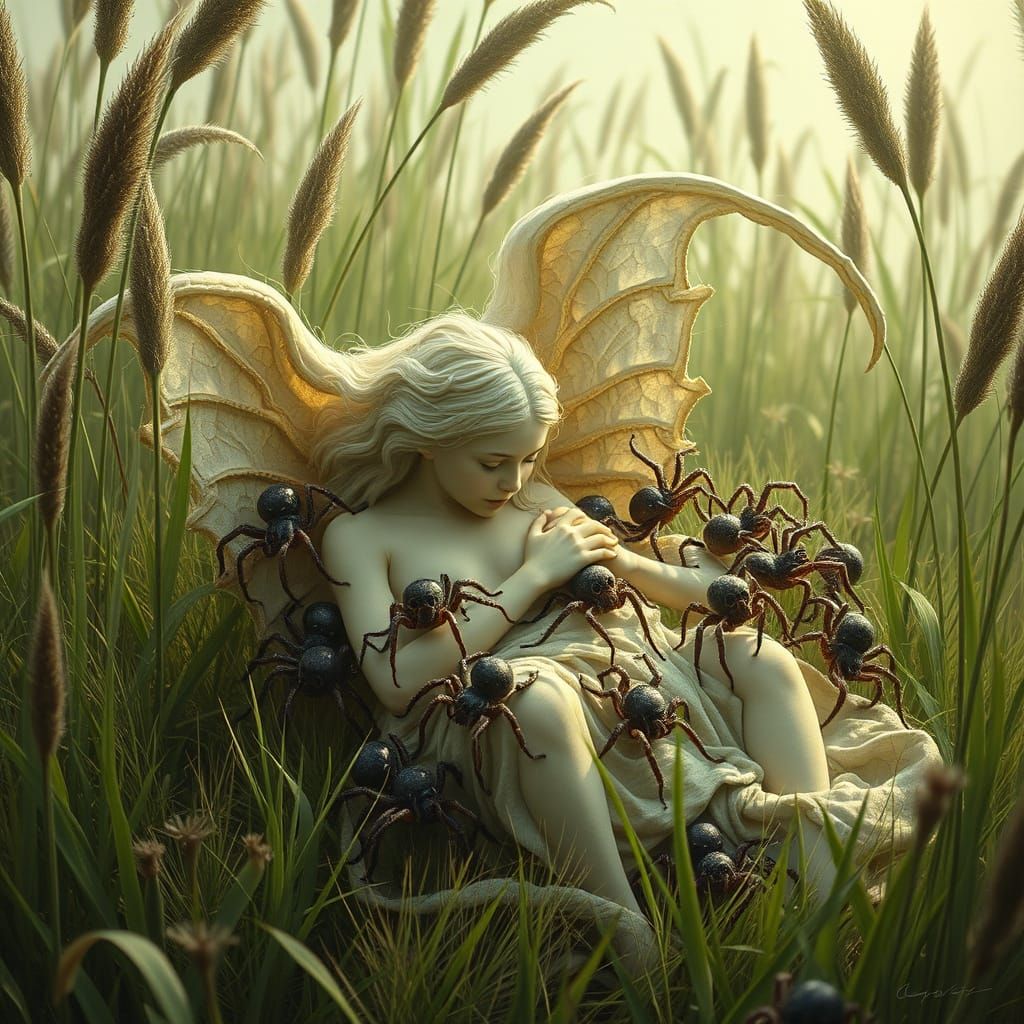Angel Mother of Cosmic Spiders in Whimsical Scene