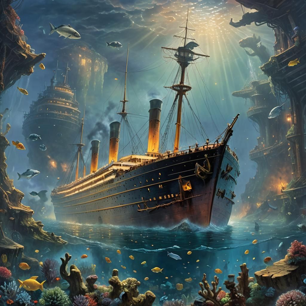 Titanic Shipwreck with Mermaids: Fantasy Scene