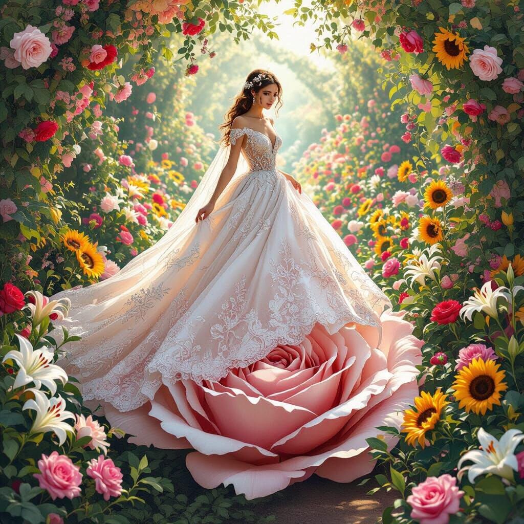 Bride on Rose in Flower Aisle, Art Nouveau Style