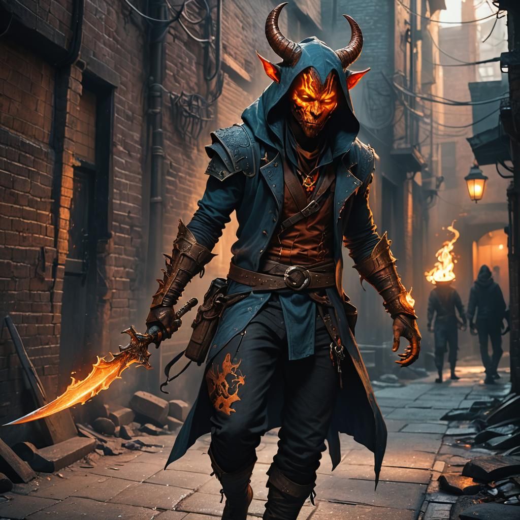 Tiefling Assassin in Dark Alleyway Concept Art