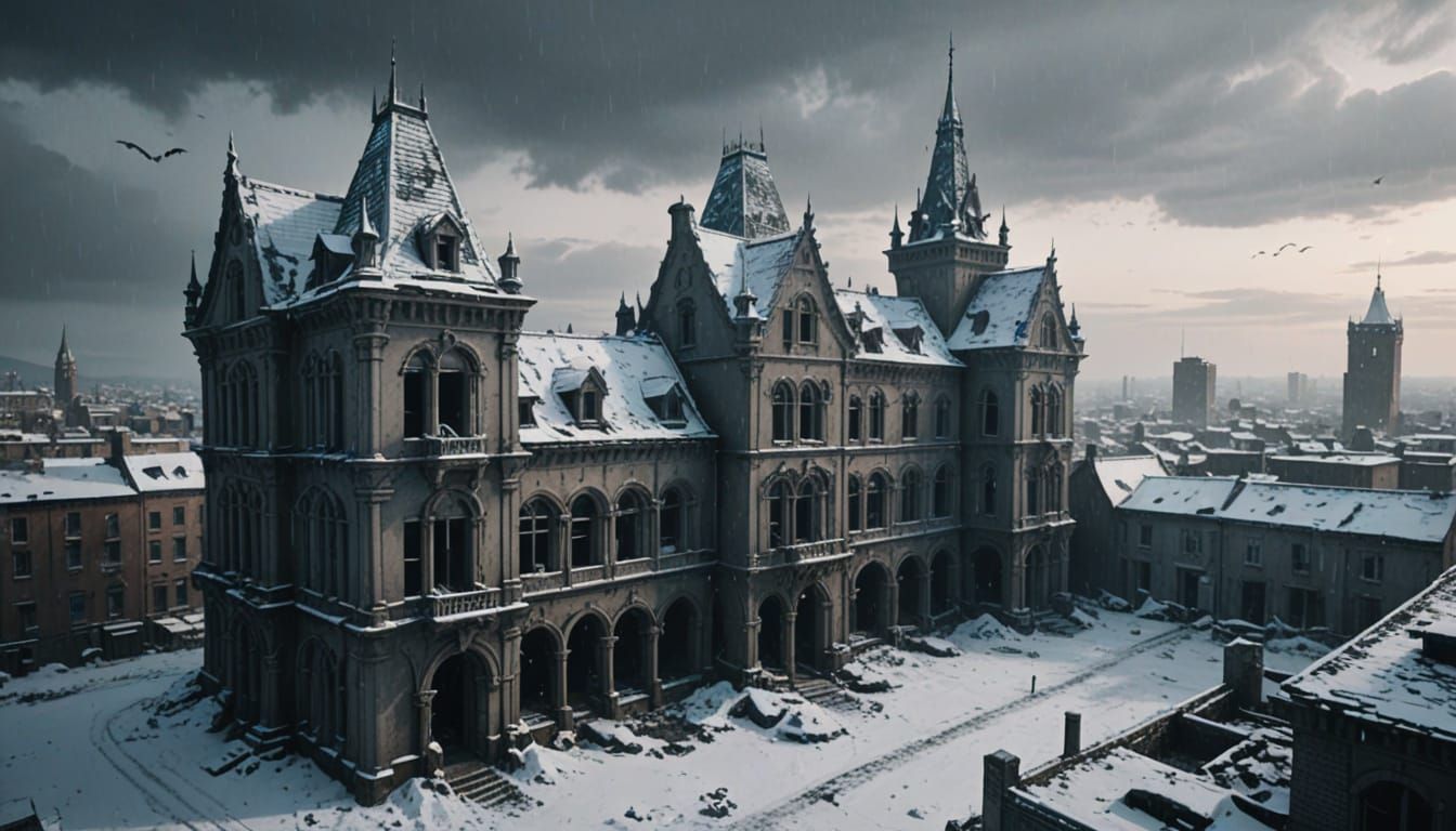 Empty City Decay in Winter Storm Surrealism