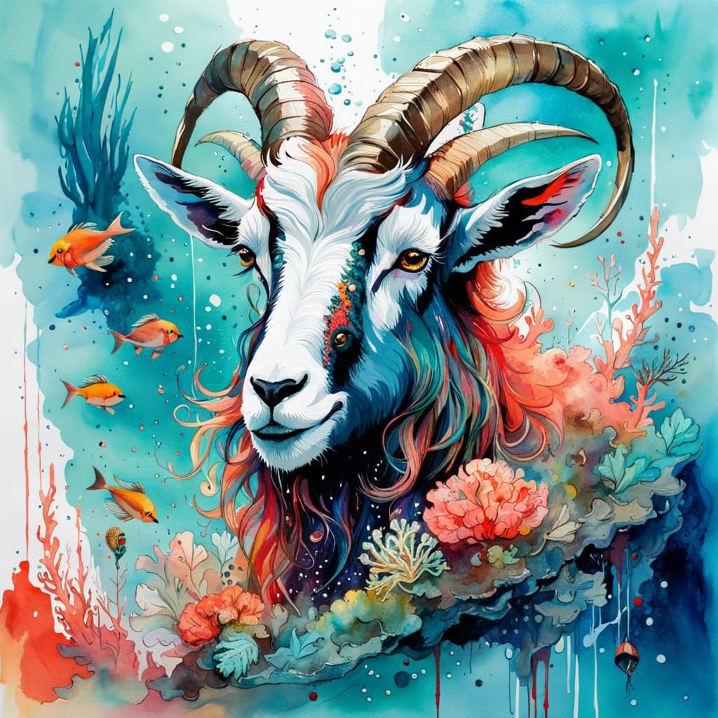 Aquatic Capricorn Goat in Coral Reef: Watercolor Art