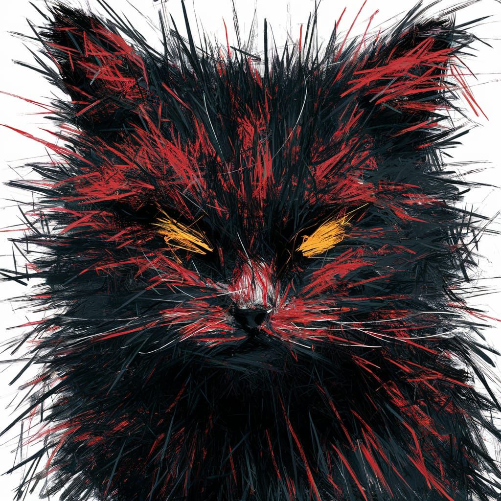 Abstract Cat Artwork with Scratchy Lines and Bold Eyes