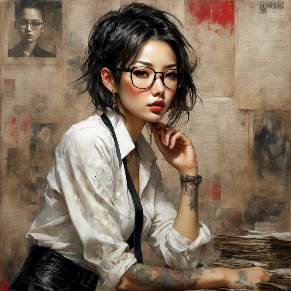 Beautiful Japanese Teacher Portrait in Grunge Style