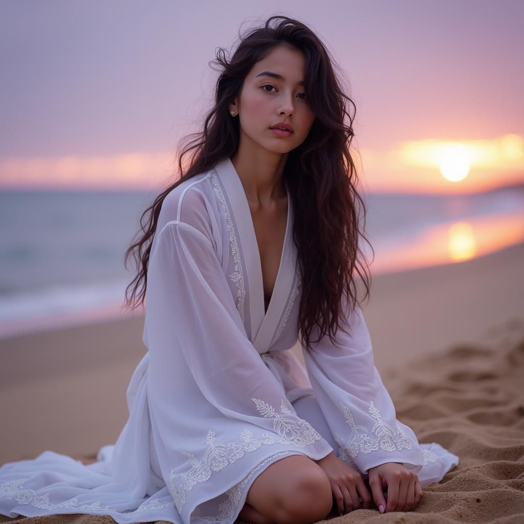 Contemplative Girl on Golden Beach in Ethereal Light