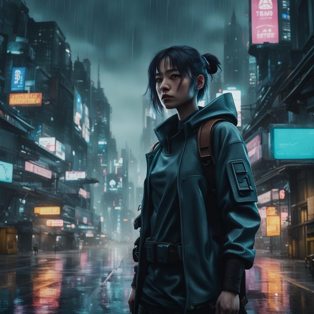 Cyberpunk Female Warrior in Rainy Cityscape