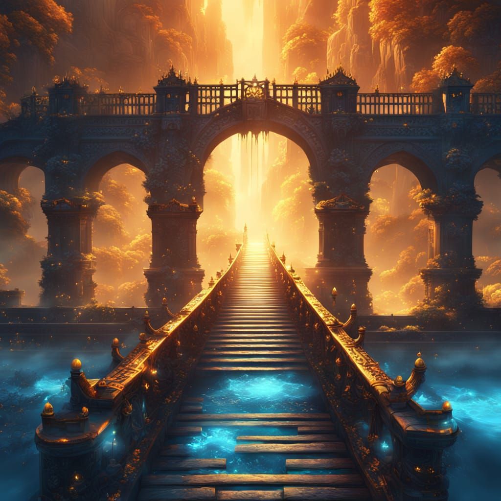 Fantastical Bridge with Glowing Runes in Splash Art