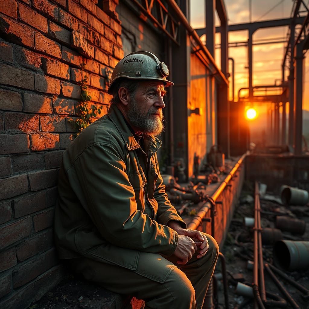 Industrial Landscapes and Worn Figures in Warm, Golden Light