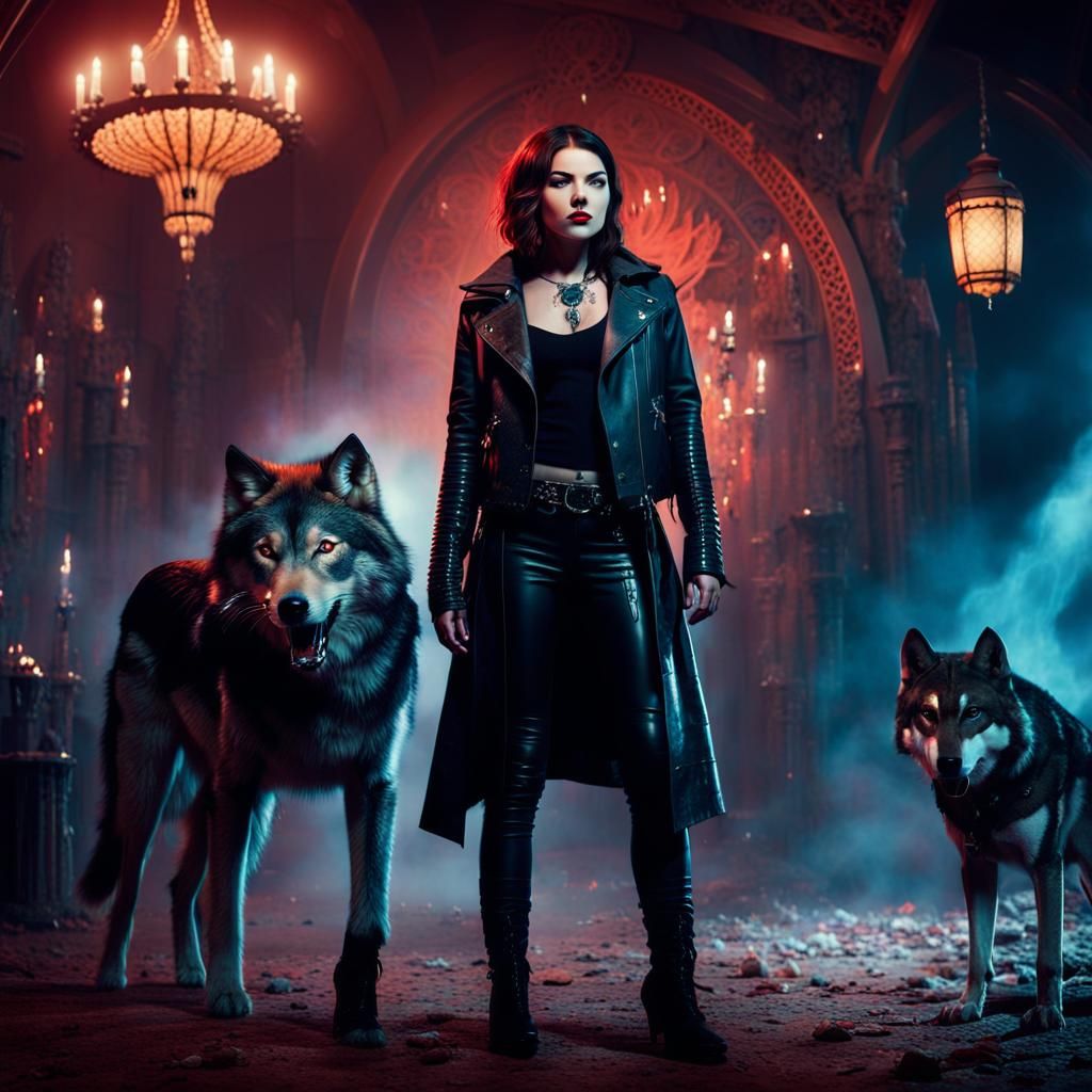 Dark Fantasy Woman with Wolf, Vampire, and Magic