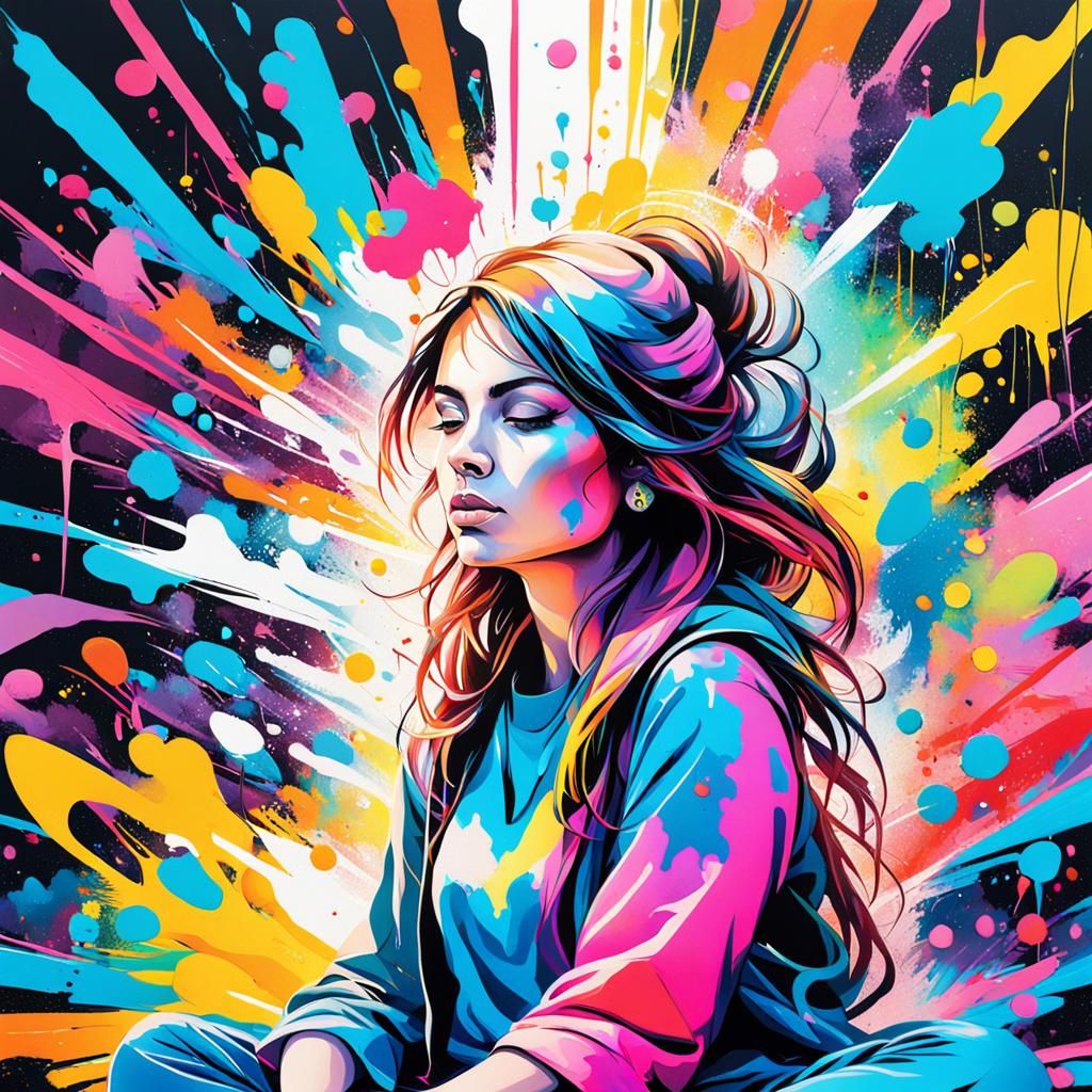 Meditative Woman in Surreal Vibrant Street Art