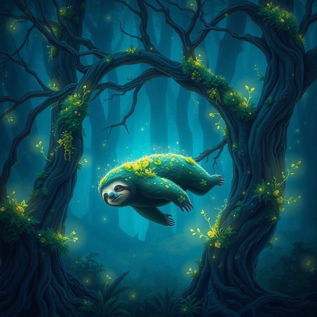 Bioluminescent Sloth Drifts Through Misty Forest