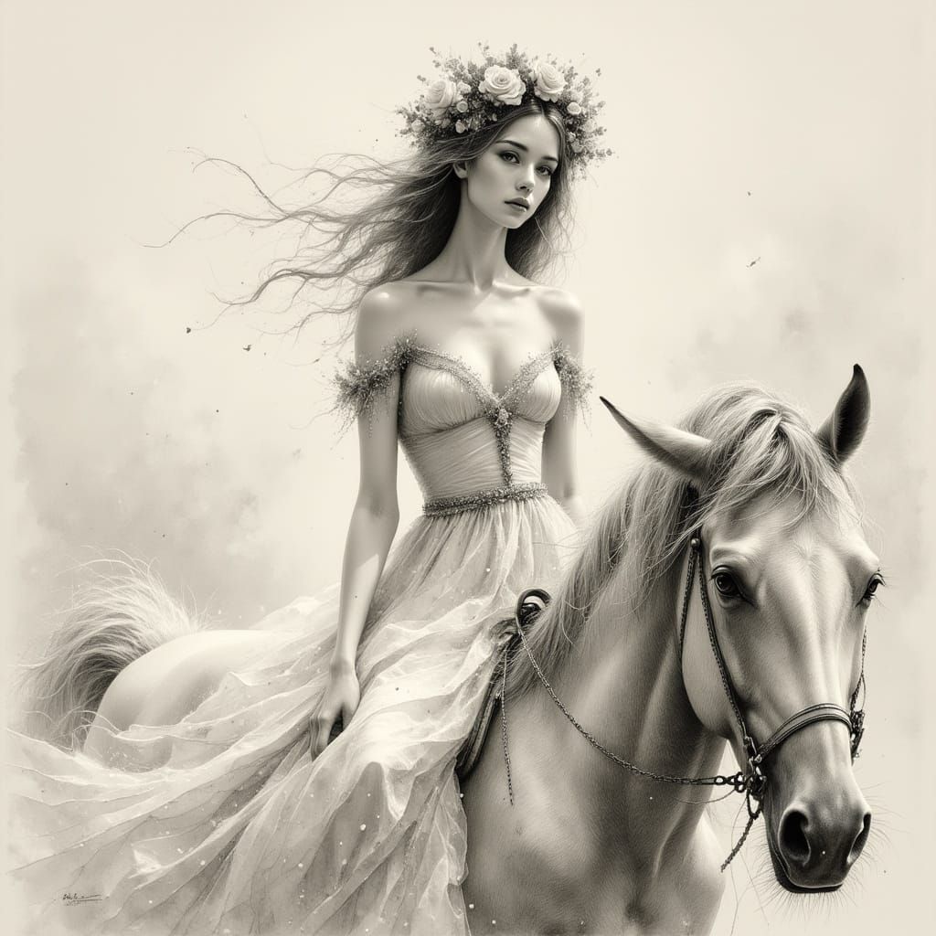 Surreal Pencil and Charcoal Drawing of Woman on Horse