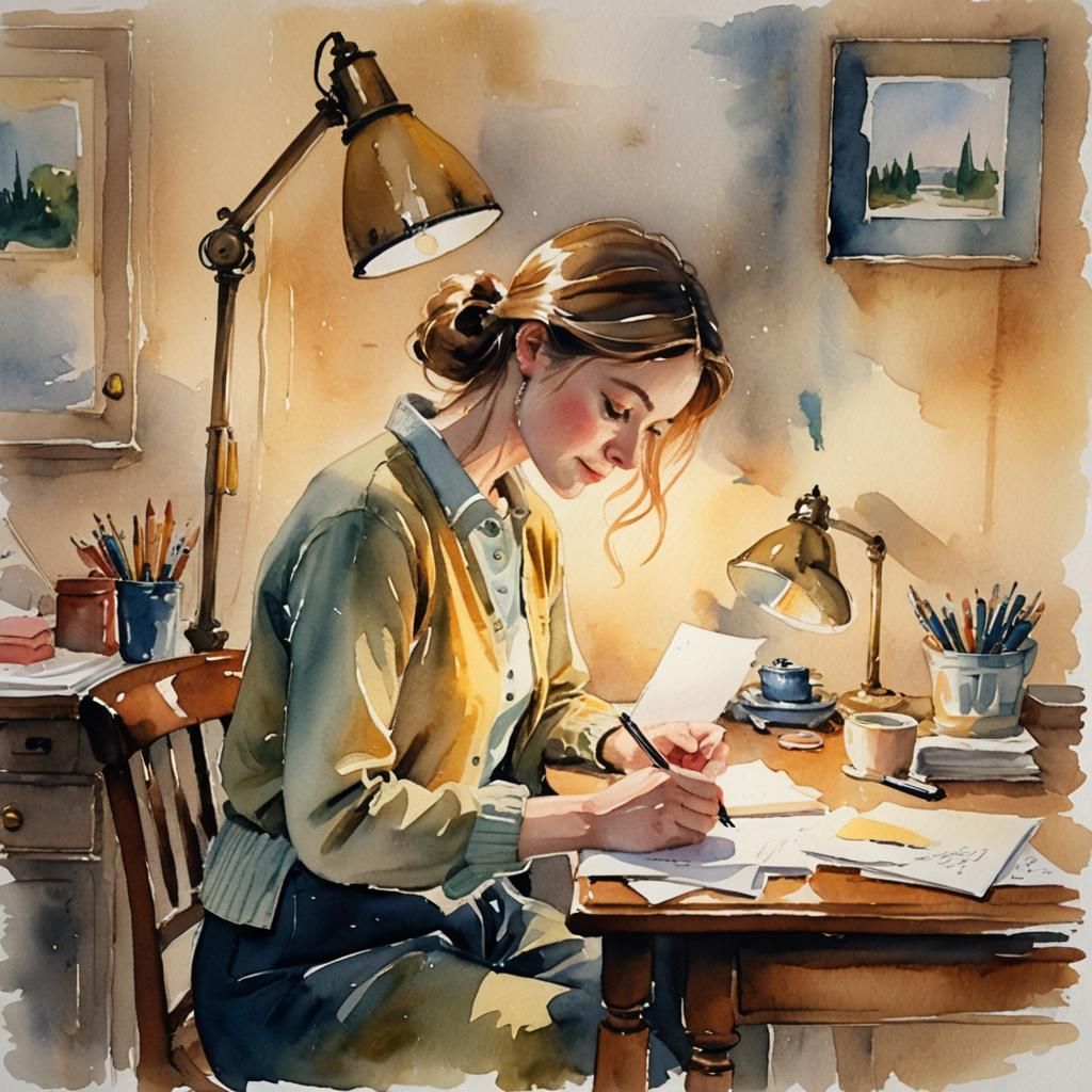 Whimsical Watercolor Study of a Writer's Cozy Moment