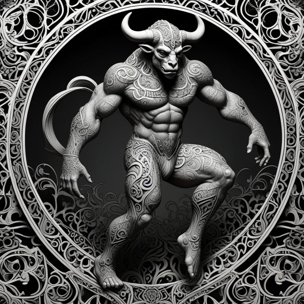 Majestic Minotaur in Escher-Inspired Fractal Patterns