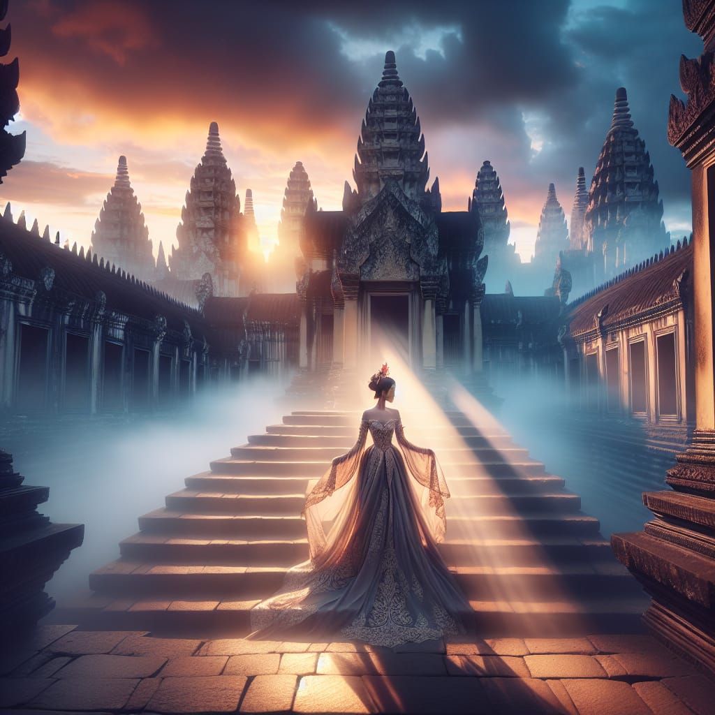 Asian Princess Descends Ancient Temple Steps at Sunset