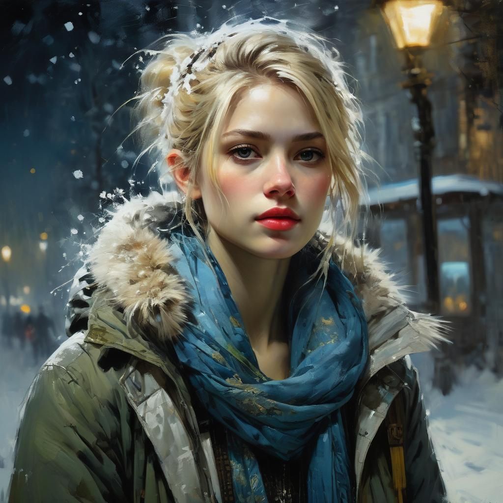 Beautiful Swedish Woman Portrait in Moonlight Snow